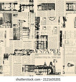 Abstract seamless pattern with chaotic layering of unreadable newspaper text, illustrations and titles on an old paper. Monochrome vector background in retro style, wallpaper, wrapping paper, fabric