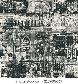 Abstract seamless pattern with chaotic layering of vintage architectural elements and old buildings and gothic letter. Vector background on of ancient architecture and art in creative modern design