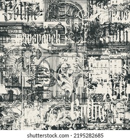 Abstract seamless pattern with chaotic layering of vintage architectural elements and old buildings and gothic letter. Vector background on of ancient architecture and art in creative modern design