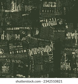 Abstract seamless pattern with chaotic layering of newspaper text, illustrations, headlines on black backdrop. Creative vector background in grunge style. Wallpaper, wrapping paper or fabric design