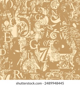 Abstract seamless pattern with chaotic layering of vintage letter elements floral grunge ornament. Vector background art in creative modern design. Suitable for wallpaper, wrapping paper or fabric