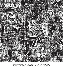 Abstrato padrão sem emenda com camadas caóticas de vintage carta elementos ornamento floral. Vetor grunge arte de fundo em design criativo moderno. Adequado para papel de parede, papel de embrulho ou tecido