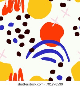 Abstract seamless pattern with chaotic paint elements. Hand drawn ink texture with different dots, lines and shapes. Fun and simple abstract background.