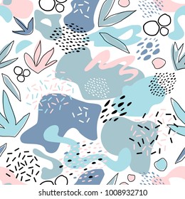 Abstract seamless pattern with chaotic painted elements. Vector Hand drawn texture with different lines, dots and shapes. Creative universal artistic Fun background in Scandinavian style.