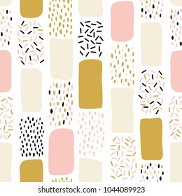 Abstract seamless pattern with chaotic painted elements. Vector Hand drawn texture with different lines, dots and shapes. Creative universal artistic Fun background in Scandinavian style.