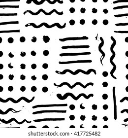 Abstract seamless pattern with chaotic position of the figures: dots, waves, stripes. Black shapes on the white background. Vector illustration.