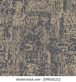 Abstract seamless pattern with chaotic scribbles and hand-drawn architectural elements on a dark backdrop. Monochrome vector background in grunge style.Graphic print, wallpaper, wrapping paper, fabric