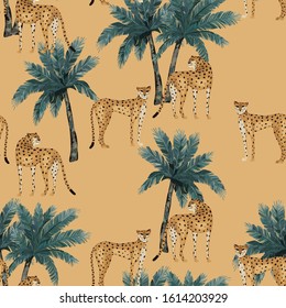 Abstract  seamless pattern with cheetahs and palm trees on sand background. Vector illustration