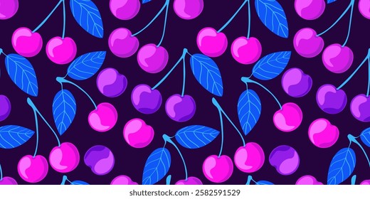 Abstract seamless pattern with cherries of neon colors. Magic pink and purple berries with blue leaves