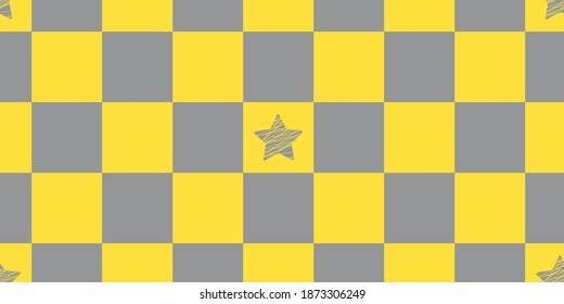 Abstract seamless pattern of chessboard with stars in trendy colors of the 2021 year. Vector background for fabric, textile, scrapbook, gift wrapping. Ideal for children and baby projects.