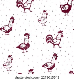 Abstract seamless pattern with chicken. Sketch chickens illustration. Cartoon character Hen endless ornament. Cock repeat print. Cute cockerel and hen  on decorative background. Zoo pattern