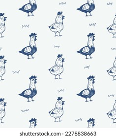 Abstract seamless pattern with chicken. Sketch chickens illustration. Cartoon character Hen endless ornament. Cock repeat print. Cute cockerel and hen  on decorative background. Zoo pattern