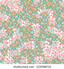 Abstract seamless pattern for children. Chaotic rounded squares.
Five-pointed stars.