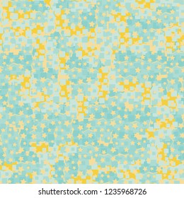 Abstract seamless pattern for children. Chaotic rounded squares.
Five-pointed stars.