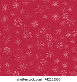 abstract seamless pattern Christmas background of snowflakes on a red. For design of cards, invitations, greeting for the new year. Vector illustration.