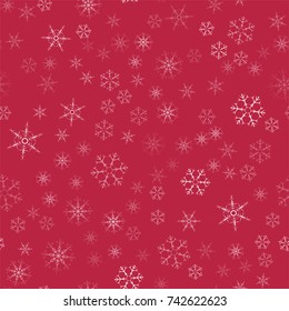 abstract seamless pattern Christmas background of snowflakes on a red. For design of cards, invitations, greeting for the new year. Vector illustration.