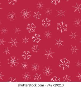 abstract seamless pattern Christmas background of snowflakes on a red. For design of cards, invitations, greeting for the new year. Vector illustration.