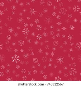 abstract seamless pattern Christmas background of snowflakes on a red. For design of cards, invitations, greeting for the new year. Vector illustration.