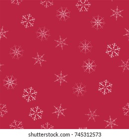 abstract seamless pattern Christmas background of snowflakes on a red. For design of cards, invitations, greeting for the new year. Vector illustration.