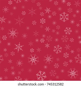 abstract seamless pattern Christmas background of snowflakes on a red. For design of cards, invitations, greeting for the new year. Vector illustration.