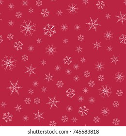 abstract seamless pattern Christmas background of snowflakes on a red. For design of cards, invitations, greeting for the new year. Vector illustration.