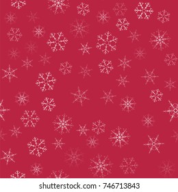 abstract seamless pattern Christmas background of snowflakes on a red. For design of cards, invitations, greeting for the new year. Vector illustration.