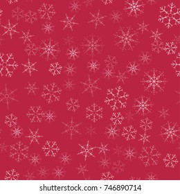 abstract seamless pattern Christmas background of snowflakes on a red. For design of cards, invitations, greeting for the new year. Vector illustration.