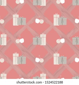 Abstract seamless pattern with christmas gifts, apples and ornaments on criss cross diagonal stripe background. Vector illustration in shades of cream, pink, sage and yellow. Ideal for gifts, paper.