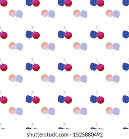 Abstract seamless pattern with christmas gifts, ornaments and apples. Vector illustration in shades of cream, red, pink, blue on white background. Ideal for gifts, paper, scrapbooking and fabric.