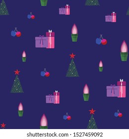 Abstract seamless pattern with christmas gifts, ornaments, trees, snowflakes and apples. Vector illustration in shades of purple, red, pink, green and blue. Ideal for gifts, paper, scrapbooking.