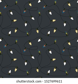 Abstract seamless pattern with christmas lights and ornaments. Vector illustration in shades of cream, red, green, blue and yellow. Ideal for gifts, paper, scrapbooking and fabric.
