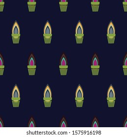 Abstract seamless pattern with Christmas lights and bulbs. Vector illustration in shades of yellow, aqua, olive, lime and raspberry on navy background. Ideal for gifts, paper, scrapbooking and fabric.