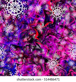 Abstract seamless pattern. Christmas ornament vector. Wavy lines, curved shapes. Purple, blue, red, black pattern, white snowflakes. 