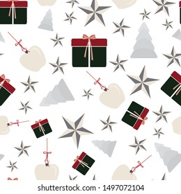 Abstract seamless pattern with christmas tree, gifts, apples and ornaments. Vector illustration in shades of cream, red, green and yellow. Ideal for gifts, paper, scrapbooking and fabric.