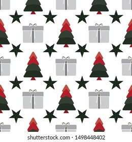 Abstract seamless pattern with christmas tree, stars, gifts and ornaments. Vector illustration in shades of cream, red, green and grey on white background. Ideal for gifts, paper, scrapbooking, fabric