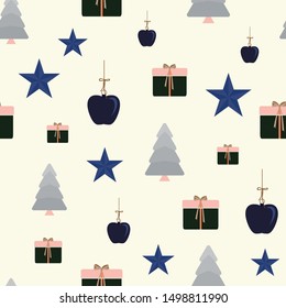 Abstract seamless pattern with christmas tree, apples, gifts and ornaments. Vector illustration in shades of cream, pink, navy, indigo and coral. Ideal for gifts, paper, scrapbooking and fabric.