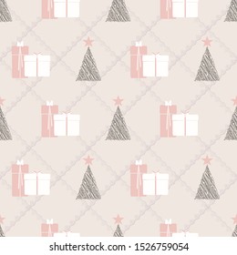 Abstract seamless pattern with christmas tree, gifts and ornaments. Vector illustration in shades of cream, coral, green and pink. Ideal for gifts, paper, scrapbooking and fabric.