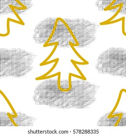 Abstract seamless pattern with Christmas tree-fir and halftone stains on white background. Festive Happy New Year wrap, wallpaper. Vector illustration.