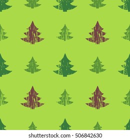 Abstract seamless pattern with Christmas trees in grunge style with scratches, vector  illustration