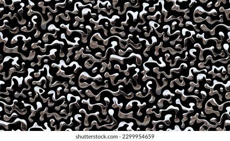 Abstract seamless pattern with chrome wave like amorphous liquid metal elements, Y2K and futuristic design background