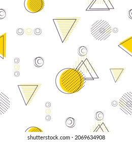 abstract, seamless pattern of circle, triangle, dot, line. geometric memphis style, one line. modern background in the style of minimalism. for print, card, banner, postcard. vector art illustration