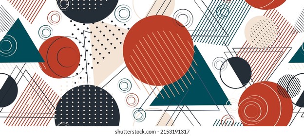 Abstract, seamless pattern of circle, triangle, dot, line. geometric memphis style, one line. modern background in the style of minimalism. for print, card, banner, postcard. vector art illustration. 