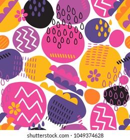 Abstract seamless pattern with circle, zigzag, lines, drops, flowers. Perfect for wallpaper, gift paper, holiday greeting cards