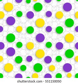 Abstract seamless pattern with circles carnival colors of Mardi Gras.  Background suitable for carnival cards, web, print.