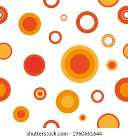An abstract seamless pattern with circles, colorful retro design of the 70s style in orange and red round shapes, psychedelic circles   