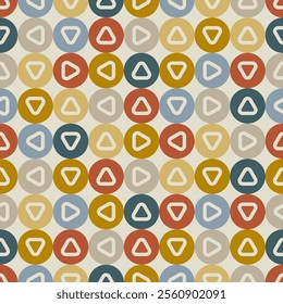 Abstract seamless pattern with circles containing a linear triangle. Background for children or trendy design with dots shapes.