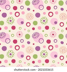 Abstract seamless pattern with circles and cute cartoon flowers on a light yellow background. Red and green and pink dots.