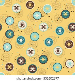 Abstract seamless pattern with circles and dots in retro colors. Vector illustration. Abstract geometric background in mustard yellow color.  Perfect as a Christmas wrapping paper for Xmas gifts.