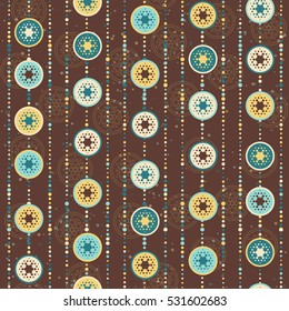 Abstract seamless pattern with circles and dots in retro colors. Vector illustration. Abstract geometric brown background. Perfect as a Christmas wrapping paper for Xmas gifts.