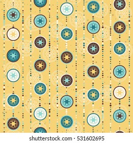 Abstract seamless pattern with circles and dots in retro colors. Vector illustration. Abstract geometric background in mustard yellow colour, turquoise and brown colors. 